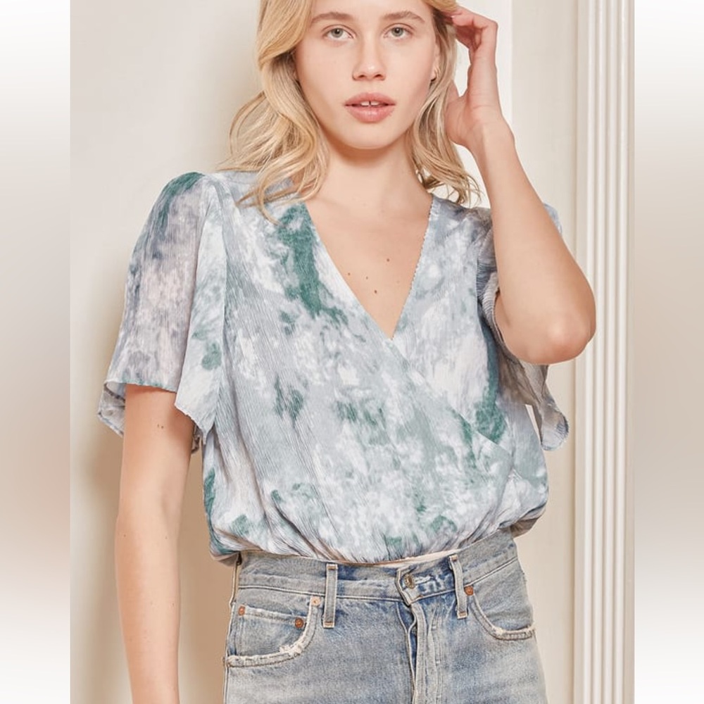 Lulus Let's Meet Tonight Sage Blue Tie-Dye Surplice Bodysuit